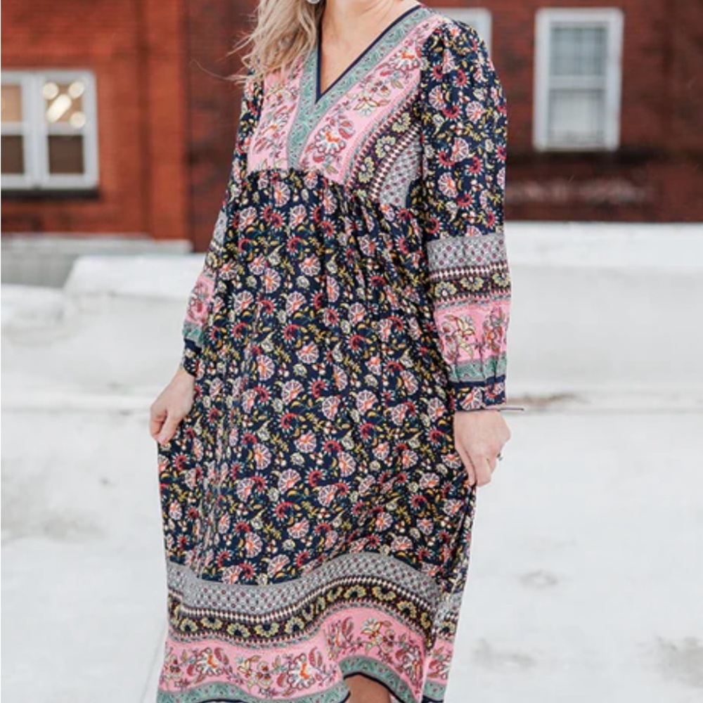 Beulah Bohemian Floral Maxi Dress Black and Pink Floral Print